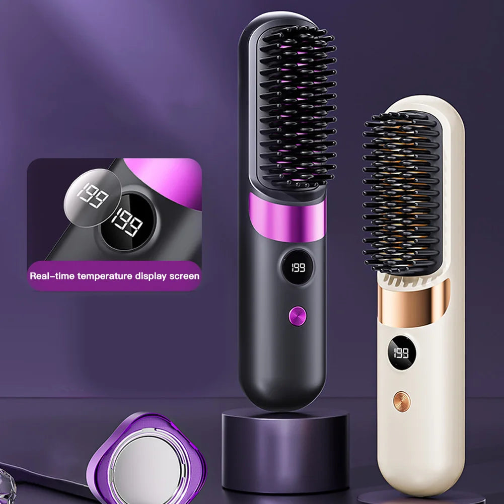 1Pc USB Charging Portable Hair Straightener Brush, Cordless Straightening Comb LED Display &amp; Ceramic Coating, Ionic Technology