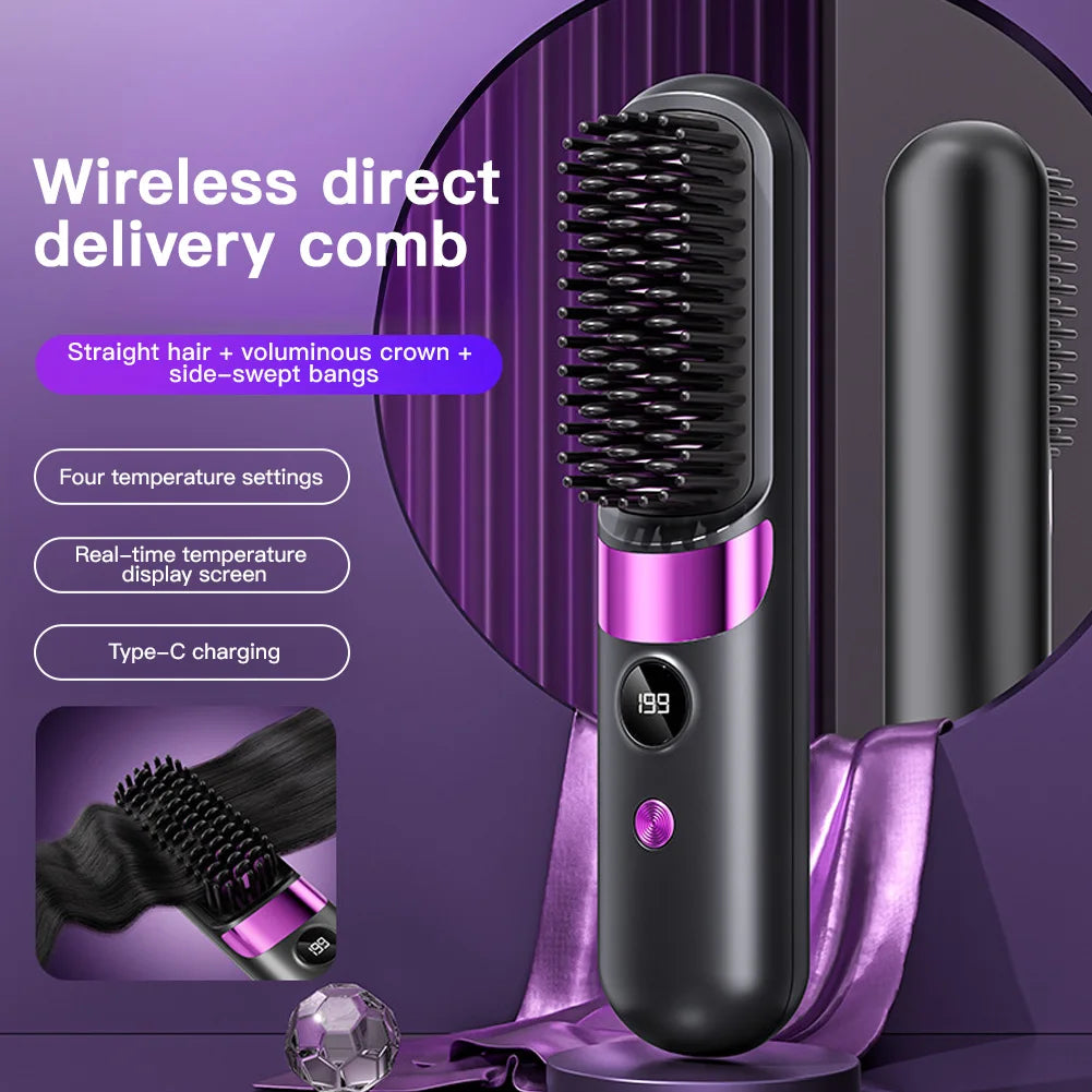 1Pc USB Charging Portable Hair Straightener Brush, Cordless Straightening Comb LED Display &amp; Ceramic Coating, Ionic Technology