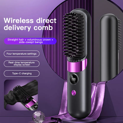 1Pc USB Charging Portable Hair Straightener Brush, Cordless Straightening Comb LED Display &amp; Ceramic Coating, Ionic Technology