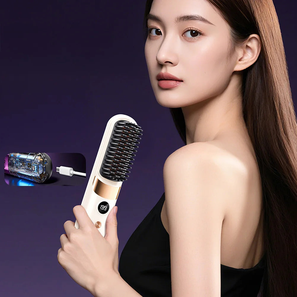 1Pc USB Charging Portable Hair Straightener Brush, Cordless Straightening Comb LED Display &amp; Ceramic Coating, Ionic Technology