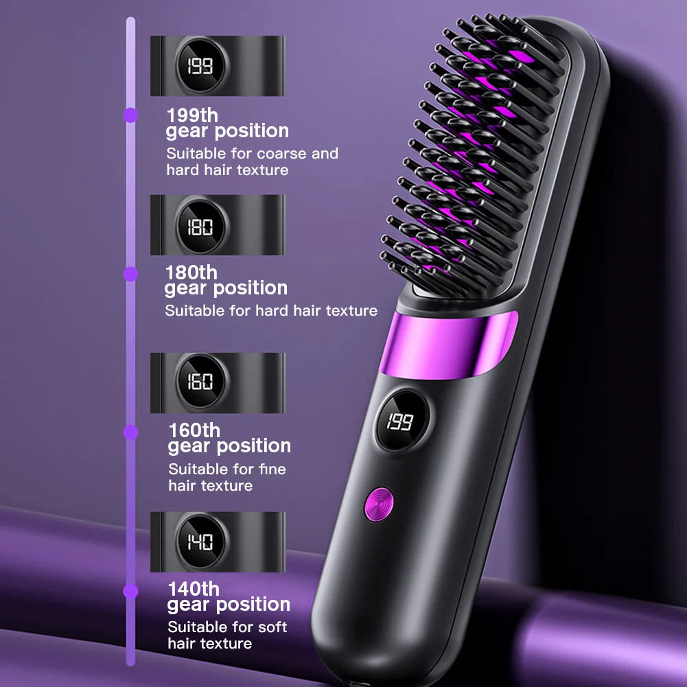 1Pc USB Charging Portable Hair Straightener Brush, Cordless Straightening Comb LED Display &amp; Ceramic Coating, Ionic Technology