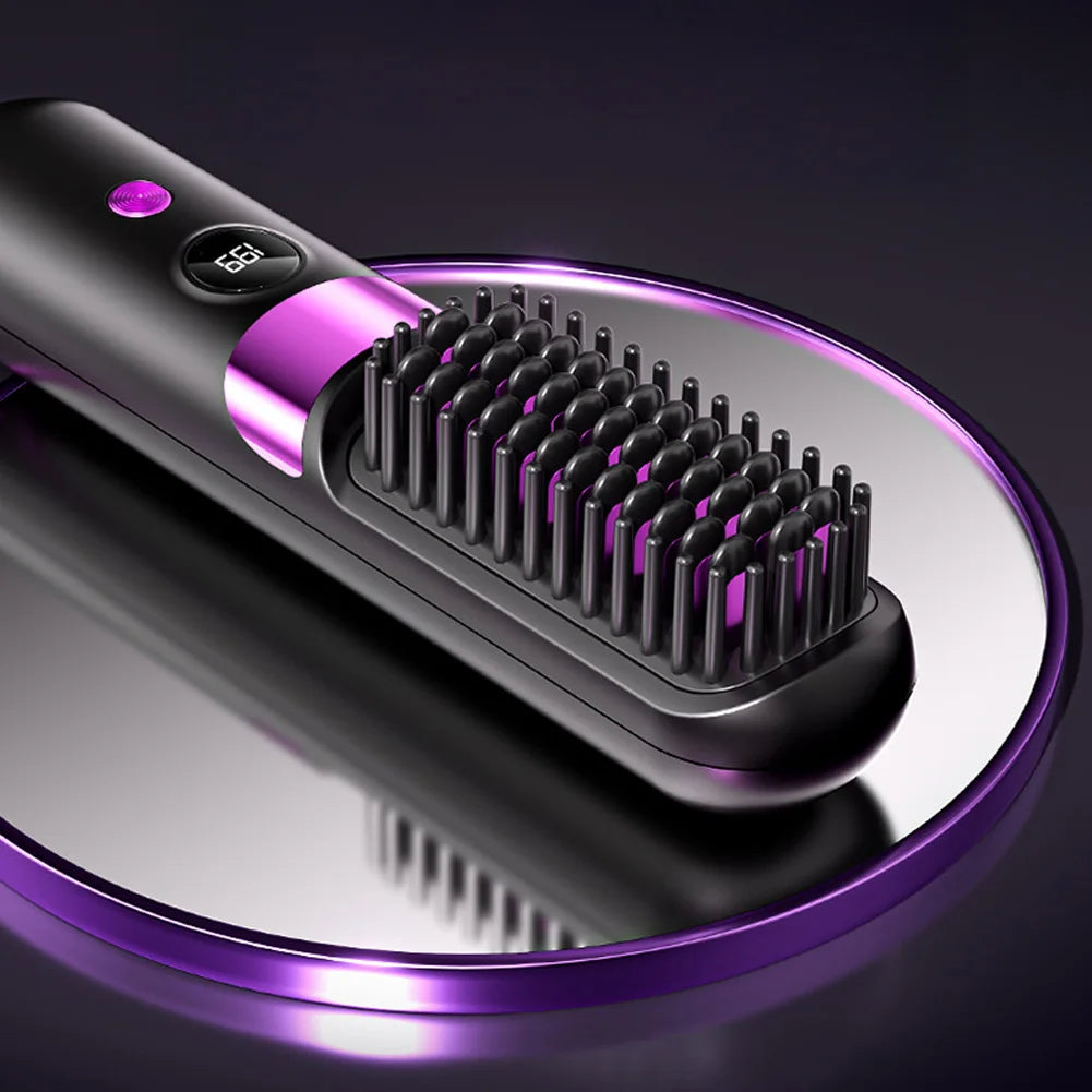 1Pc USB Charging Portable Hair Straightener Brush, Cordless Straightening Comb LED Display &amp; Ceramic Coating, Ionic Technology